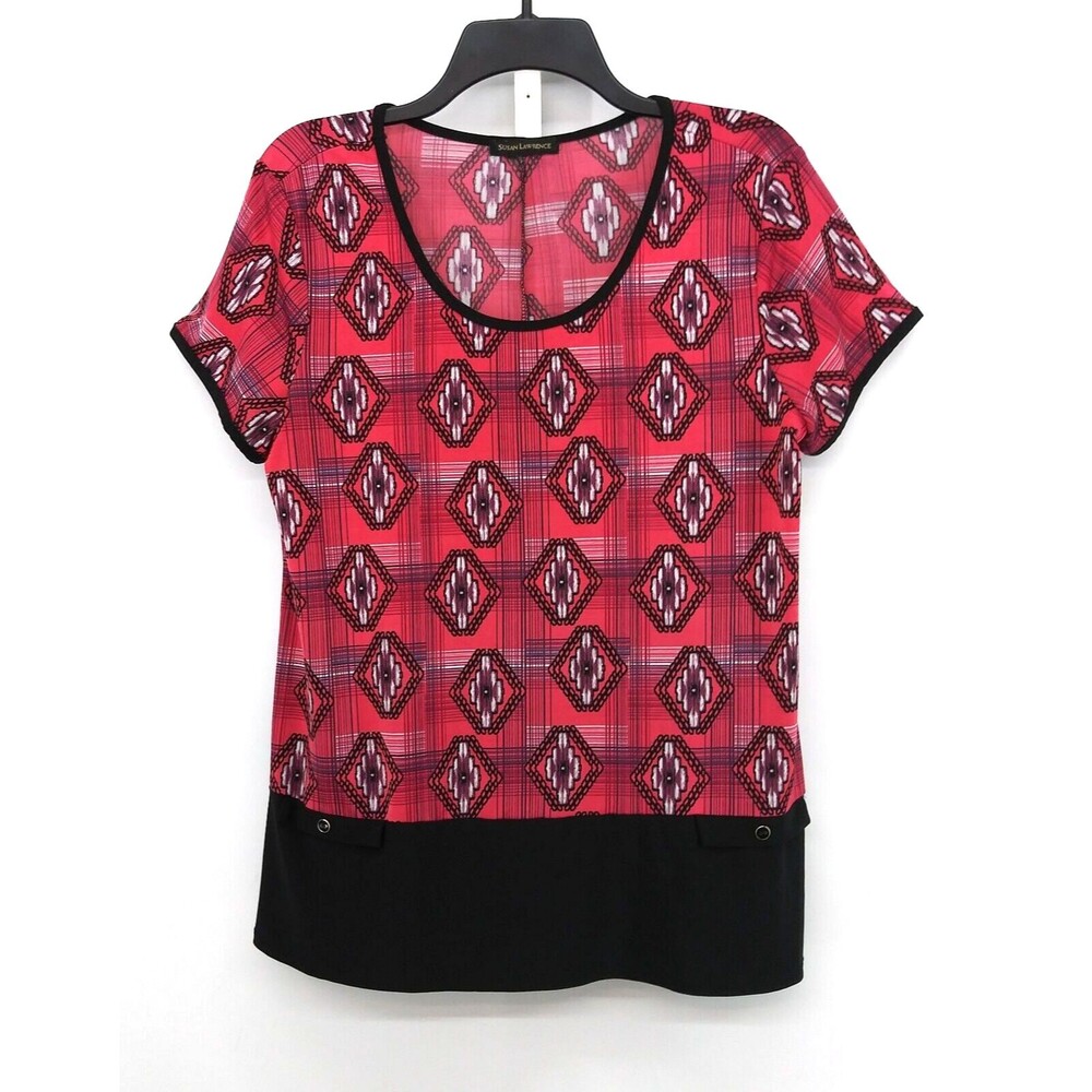 Susan Lawrence Blouse Womens Size L Red Geometric Cap Sleeve Scoop Neck Top